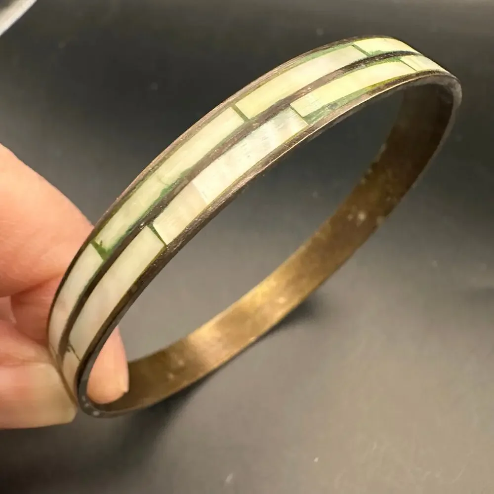 Mother of Pearl Brass Bangle Bracelet Summer MOP Retro Boho Bohemian Jewelry